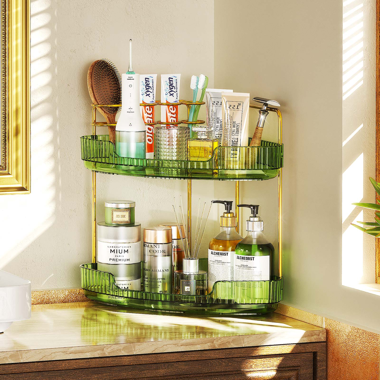 2-Tier Corner Bathroom Counter Organizer (Green)